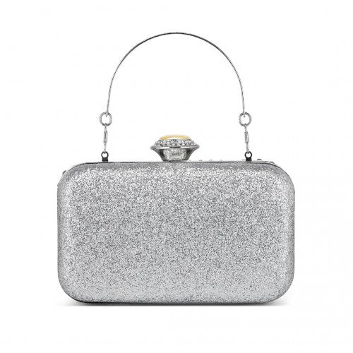 Elegant Evening Clutch Bag with Rhinestone Embellishments Detachable Handle and Chain Strap - Silver