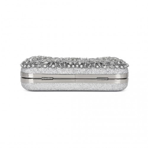 Elegant Evening Clutch Bag with Rhinestone Embellishments Detachable Handle and Chain Strap - Silver
