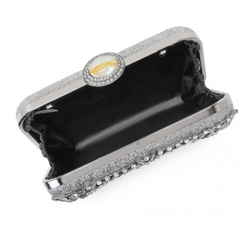 Elegant Evening Clutch Bag with Rhinestone Embellishments Detachable Handle and Chain Strap - Silver