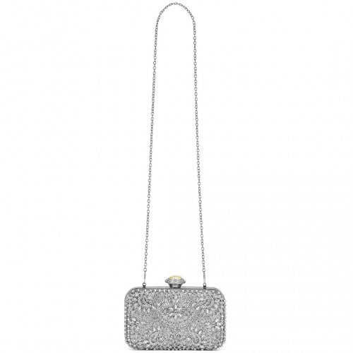 Elegant Evening Clutch Bag with Rhinestone Embellishments Detachable Handle and Chain Strap - Silver