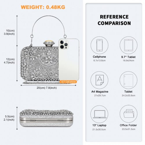 Elegant Evening Clutch Bag with Rhinestone Embellishments Detachable Handle and Chain Strap - Silver