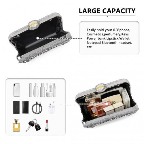 Elegant Evening Clutch Bag with Rhinestone Embellishments Detachable Handle and Chain Strap - Silver