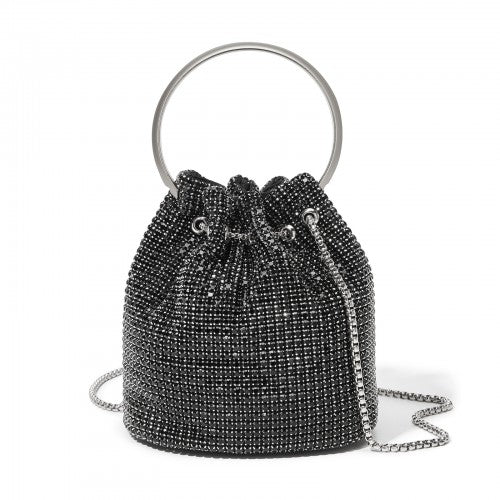 Women's Rhinestone Evening Bag - Sparkly Handbag with Metal Ring Handle and Chain Crossbody Strap - Black
