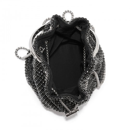 Women's Rhinestone Evening Bag - Sparkly Handbag with Metal Ring Handle and Chain Crossbody Strap - Black
