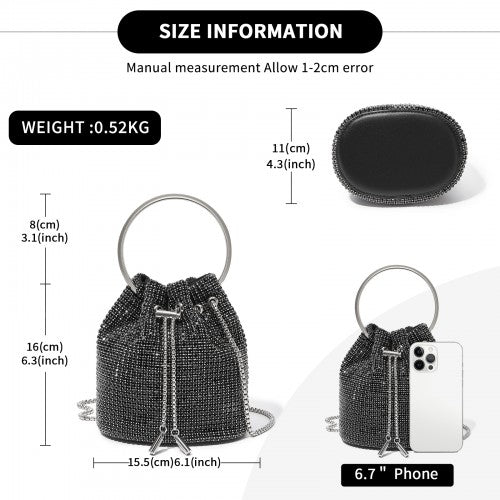 Women's Rhinestone Evening Bag - Sparkly Handbag with Metal Ring Handle and Chain Crossbody Strap - Black