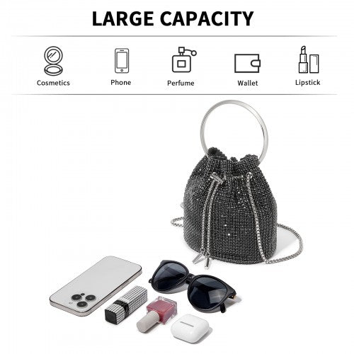 Women's Rhinestone Evening Bag - Sparkly Handbag with Metal Ring Handle and Chain Crossbody Strap - Black