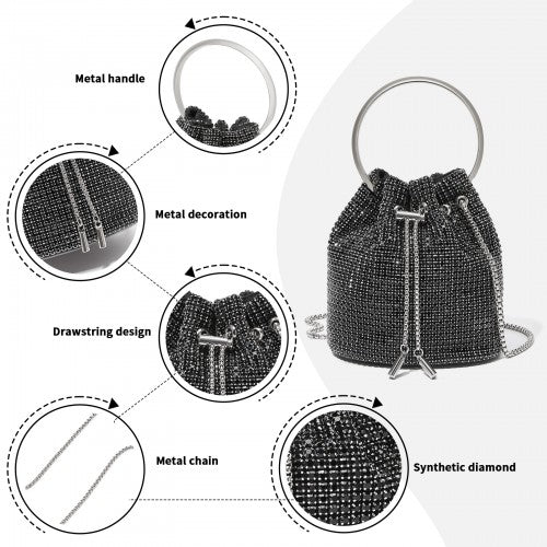 Women's Rhinestone Evening Bag - Sparkly Handbag with Metal Ring Handle and Chain Crossbody Strap - Black