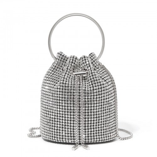 Women's Rhinestone Evening Bag - Sparkly Handbag with Metal Ring Handle and Chain Crossbody Strap - Silver