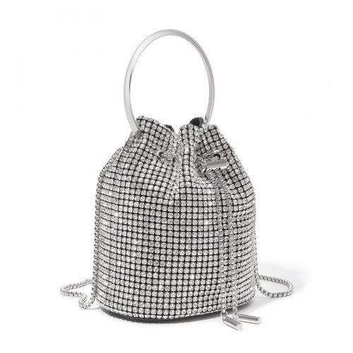 Women's Rhinestone Evening Bag - Sparkly Handbag with Metal Ring Handle and Chain Crossbody Strap - Silver