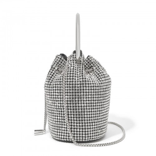 Women's Rhinestone Evening Bag - Sparkly Handbag with Metal Ring Handle and Chain Crossbody Strap - Silver