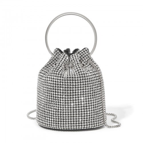 Women's Rhinestone Evening Bag - Sparkly Handbag with Metal Ring Handle and Chain Crossbody Strap - Silver