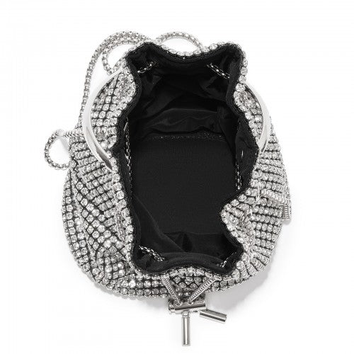 Women's Rhinestone Evening Bag - Sparkly Handbag with Metal Ring Handle and Chain Crossbody Strap - Silver