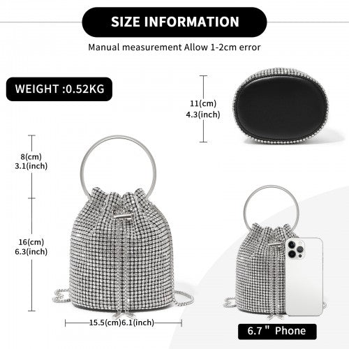 Women's Rhinestone Evening Bag - Sparkly Handbag with Metal Ring Handle and Chain Crossbody Strap - Silver