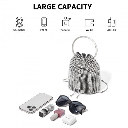 Women's Rhinestone Evening Bag - Sparkly Handbag with Metal Ring Handle and Chain Crossbody Strap - Silver