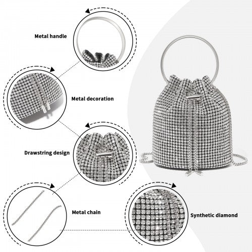 Women's Rhinestone Evening Bag - Sparkly Handbag with Metal Ring Handle and Chain Crossbody Strap - Silver