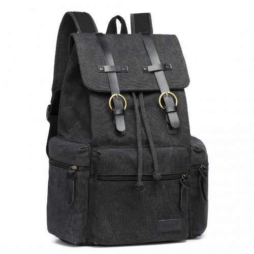 Kono Large Multi Function Leather Details Canvas Backpack - Black