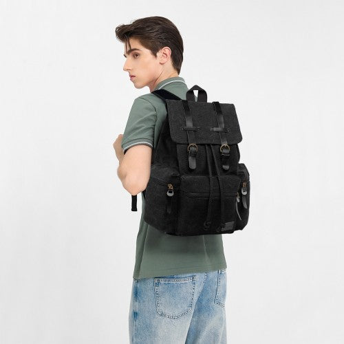 Kono Large Multi Function Leather Details Canvas Backpack - Black