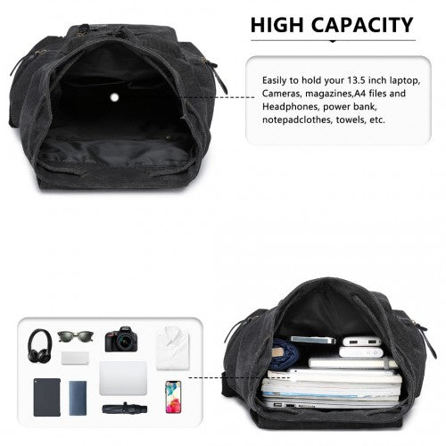 Kono Large Multi Function Leather Details Canvas Backpack - Black