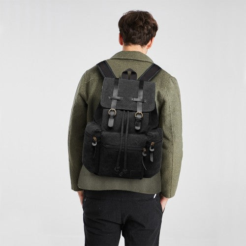 Kono Large Multi Function Leather Details Canvas Backpack - Black