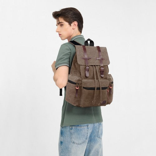 Kono Large Multi Function Leather Details Canvas Backpack - Coffee