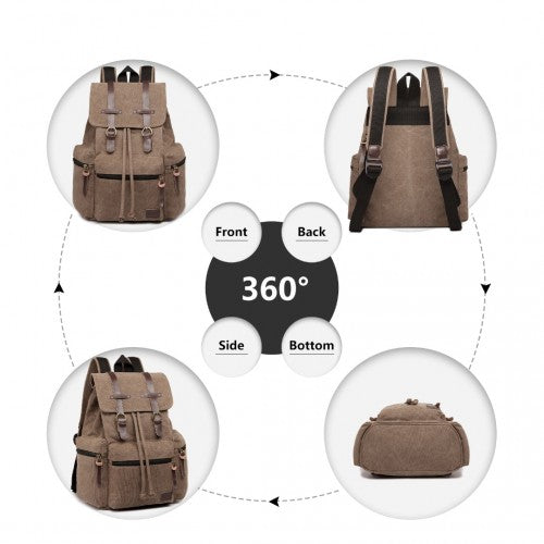 Kono Large Multi Function Leather Details Canvas Backpack - Coffee