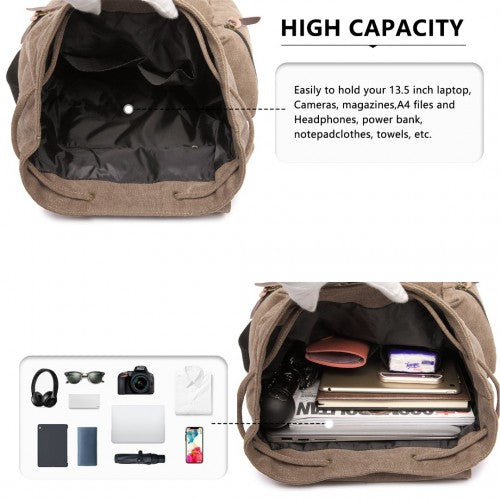 Kono Large Multi Function Leather Details Canvas Backpack - Coffee