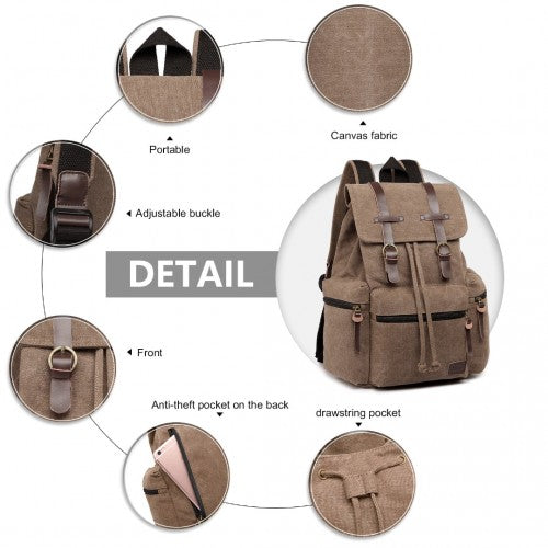 Kono Large Multi Function Leather Details Canvas Backpack - Coffee