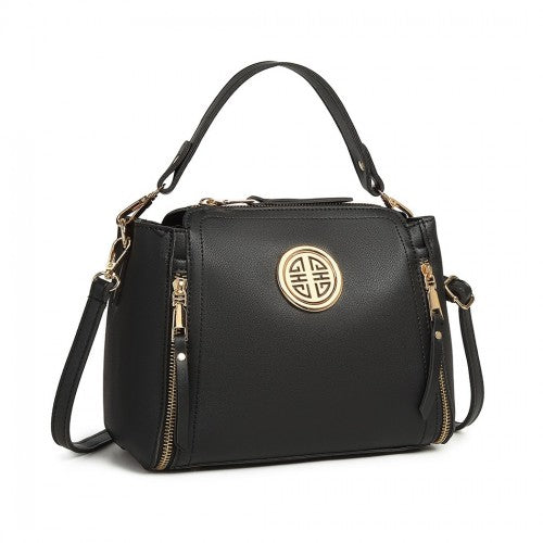 Miss Lulu Leather Look Dual Zipped Handbag - Black