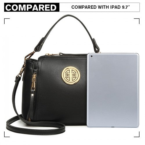 Miss Lulu Leather Look Dual Zipped Handbag - Black