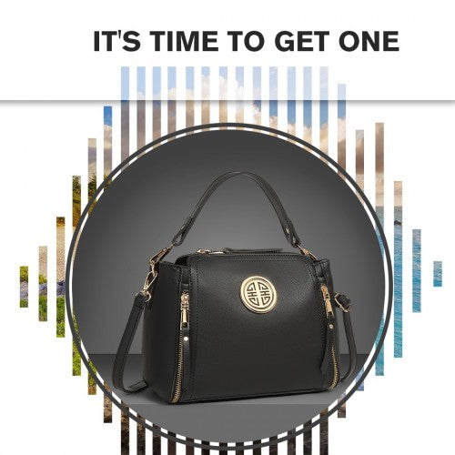 Miss Lulu Leather Look Dual Zipped Handbag - Black