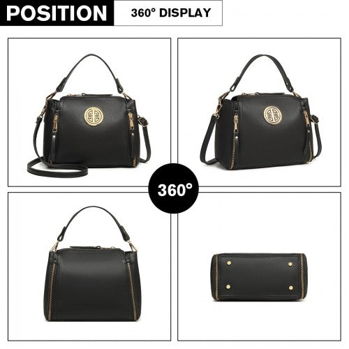 Miss Lulu Leather Look Dual Zipped Handbag - Black