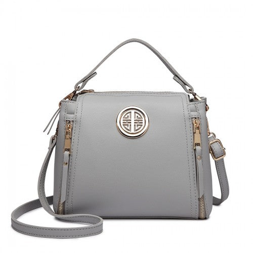 Miss Lulu Leather Look Dual Zipped Handbag - Grey