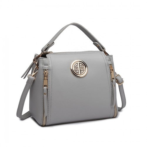 Miss Lulu Leather Look Dual Zipped Handbag - Grey