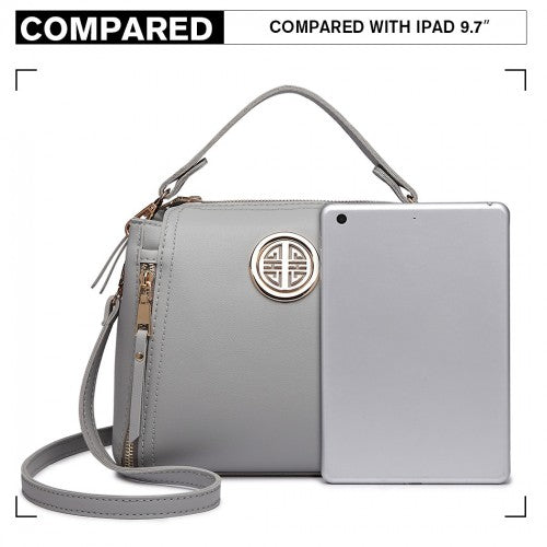 Miss Lulu Leather Look Dual Zipped Handbag - Grey