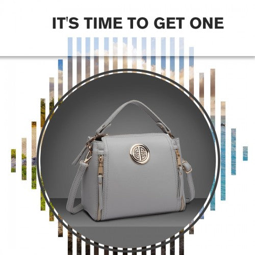 Miss Lulu Leather Look Dual Zipped Handbag - Grey