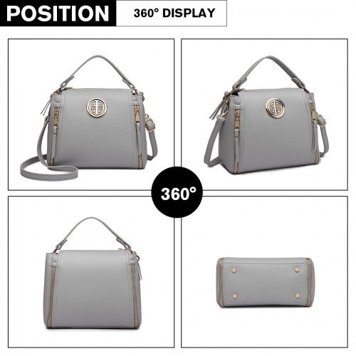 Miss Lulu Leather Look Dual Zipped Handbag - Grey