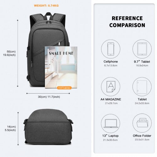 Kono Business Laptop Backpack with USB Charging Port - Dark Grey