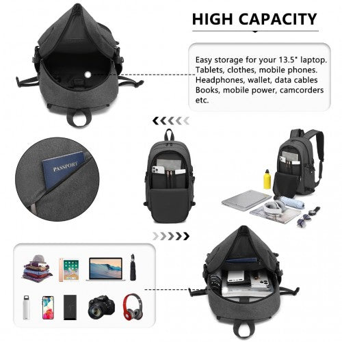 Kono Business Laptop Backpack with USB Charging Port - Dark Grey