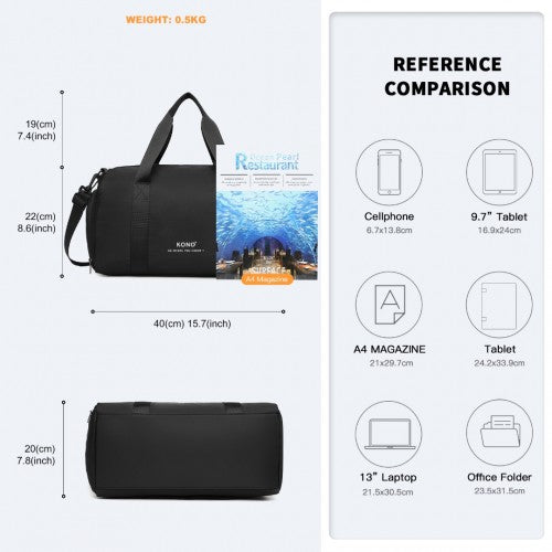 Kono Waterproof Duffel Bag Lightweight Sports Gym Bag With Shoes Compartment - Black