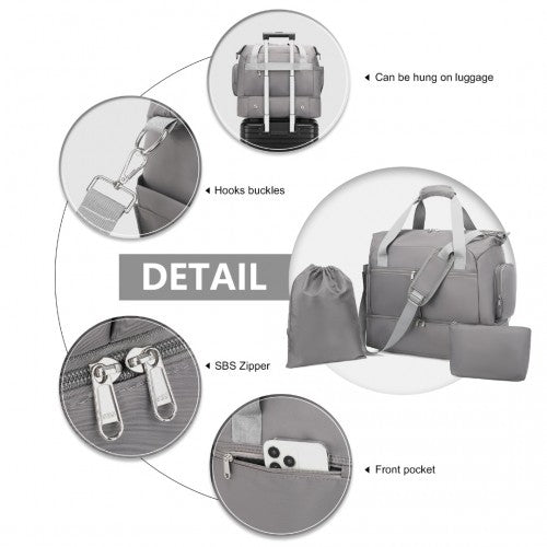 Kono Waterproof Multi-Pocket Travel Duffel Bag Set With Dedicated Shoe Compartment - Grey