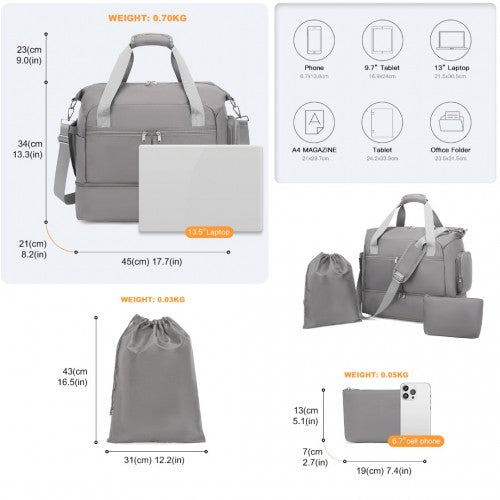 Kono Waterproof Multi-Pocket Travel Duffel Bag Set With Dedicated Shoe Compartment - Grey