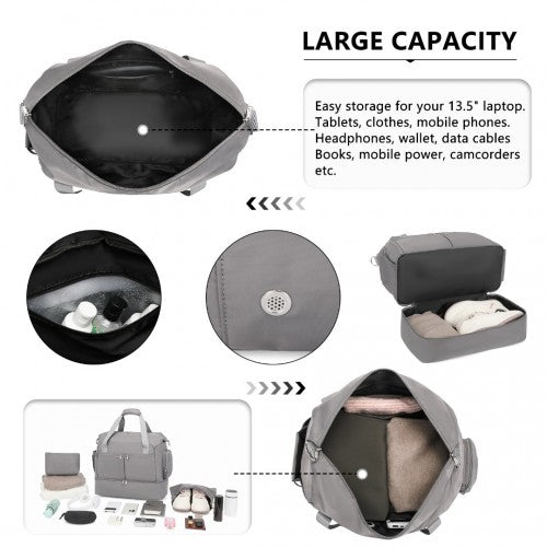 Kono Waterproof Multi-Pocket Travel Duffel Bag Set With Dedicated Shoe Compartment - Grey