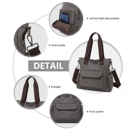 Kono Large Capacity Multi Compartment Canvas Crossbody Tote Bag - Grey