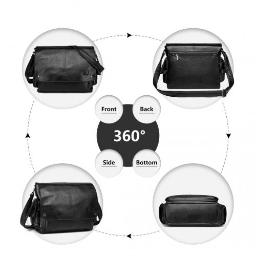 Kono Casual Leather Men's Large Capacity Shoulder Bag - Black