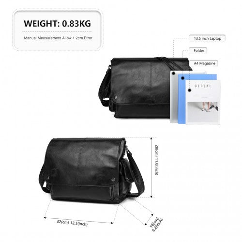 Kono Casual Leather Men's Large Capacity Shoulder Bag - Black