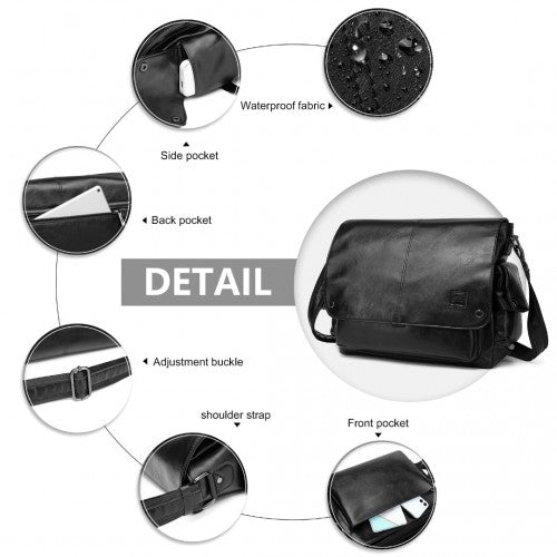 Kono Casual Leather Men's Large Capacity Shoulder Bag - Black