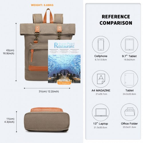 Kono Large Capacity Canvas Casual Travel Backpack - Khaki