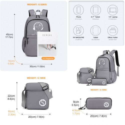 Kono Lightweight & Glow-in-the-Dark 3-Piece Laptop Backpack Set with Crossbody Bag and Pencil Case - Grey