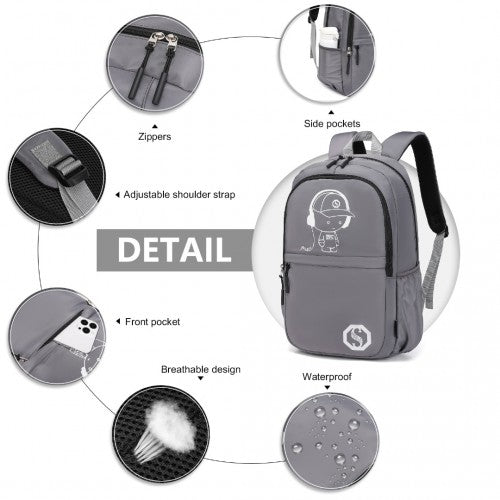 Kono Lightweight & Glow-in-the-Dark 3-Piece Laptop Backpack Set with Crossbody Bag and Pencil Case - Grey