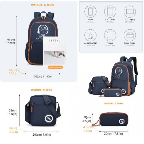 Kono Lightweight & Glow-in-the-Dark 3-Piece Laptop Backpack Set with Crossbody Bag and Pencil Case - Navy And Brown